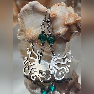 Silver Octopus Earrings with Green Beads